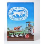 Reserve: 40 EUR    Tin sign "Bayerische Pflugfabrik", flat, min. paint d., min. rust d., small