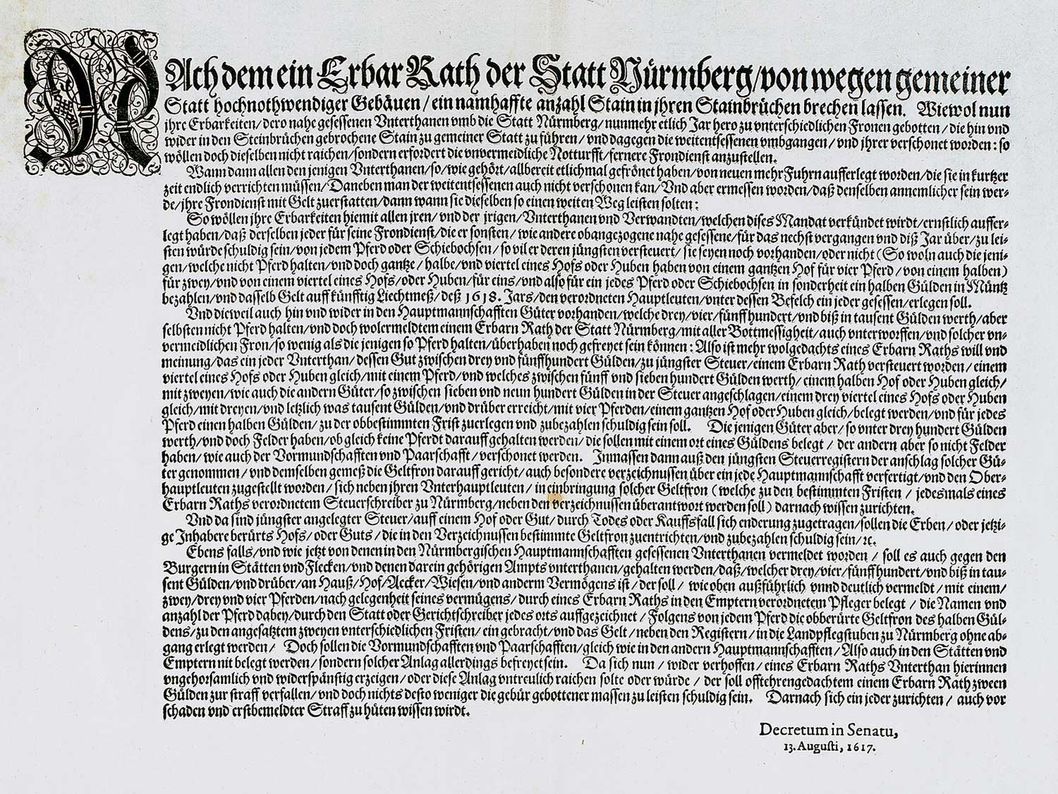 Mandat betreffend Fronfuhren für die Stadt. (Nbg.), o.Dr. 13. August 1617. Qu.Fol. Satzspiegel 24,