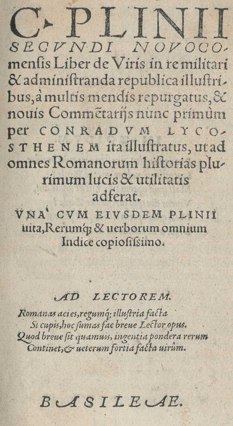 (Aurelius Victor,S.). C. Plinii Secundi Novocomensis liber de viris in re militari & administranda