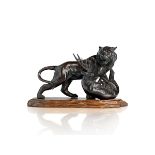 A BRONZE OKIMONO OF A TIGER ATTACKING A SAMBAR
Japan, Meiji period (1868-1912). Width 32 cm.
Marked: