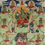 A THANGKA OF THE GREEN TARA
Tibet, 19th century. 30 x 30 cm.
Colours on canvas, brocade mounting.