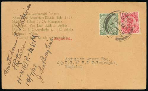 1924-37 Pioneer Flights - 1927 (July 13) Cover from Karachi to Baghdad franked India ½a, 1½a,