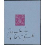 Postal Stationery - 1946 6d Stamp Die Proof in pink on blue paper, 75x92mm, endorsed "Gambia +