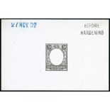 King Edward VII Stamps - 1902 ½a Frame Die Proof in black on white glazed card, 92x60mm, stamped "