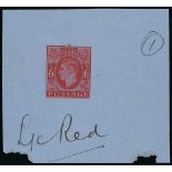 Postal Stationery - 1946 6d Stamp Die Proof in red on blue paper, 74x69mm, numbered "1" and endorsed