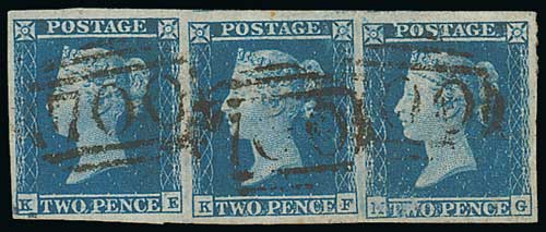 1841 2d Blues - KE-KG Strip of three with inverted watermark used with "700" numeral cancels of