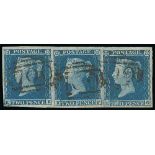 1841 2d Blues - KE-KG Strip of three with inverted watermark used with "700" numeral cancels of