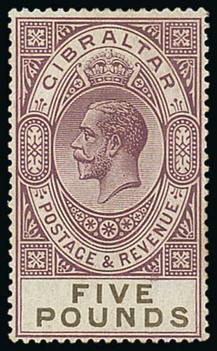 - 1925 £5 Violet and black superb mint. S.G. 108, £1,600. Photo on Page 105.