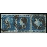 1841 2d Blues - FA-FC Strip of three, violet-blue with marked Ivory heads and slight sign of
