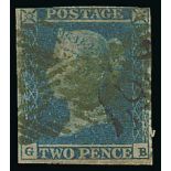 1841 2d Blues - GB Used with a numeral cancel in green and part Maltese Cross in black, three