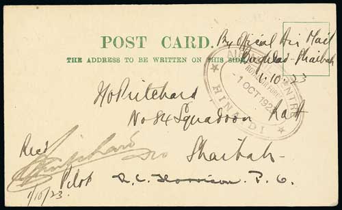 R.A.F Official Postal Services, 1923-37 - 1923 (Oct 1) Similar stampless card to Pritchard at