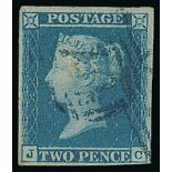 1841 2d Blues - Single stamps (4) and a pair with numeral cancels in blue comprising JC, four