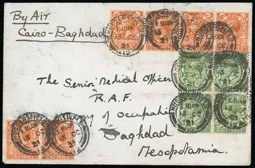 1921-26 R.A.F Baghdad-Cairo Air Service - 1921 (Oct 13) Cover from Huddersfield to Baghdad inscribed