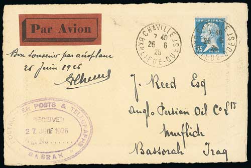 1924-37 Pioneer Flights - 1926 (June 25) Picture postcard from Chaville to Basrah bearing France 75c