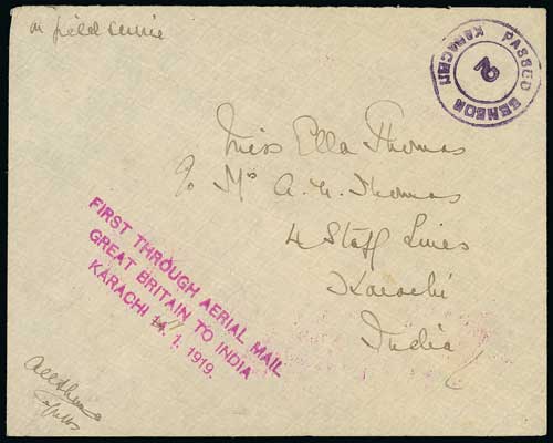 1918-20 Pioneer Flights - 1919 (Jan) Stampless cover to Karachi endorsed "On Field Service" and