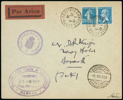 1924-37 Pioneer Flights - 1926 (June 25) Cover to Bucarest with France 25c and 1f cancelled at