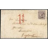 - 1864 Cover to England bearing 1863 6d violet tied by the numeral "9" within two concentric