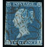 1841 2d Blues - Single stamps (6) and a pair all cancelled by number "12" in Maltese Cross, three