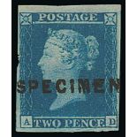 1841 2d Blues - AD "SPECIMEN" overprint type 1, four margins, close but clear at lower right, tiny