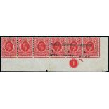 1912-22 King George V Stamps - Lower right corner marginal strip of six, the surcharge misplaced and