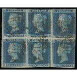 1841 2d Blues - DJ-EL Block of six, violet-blue with marked Ivory heads and slight sign of