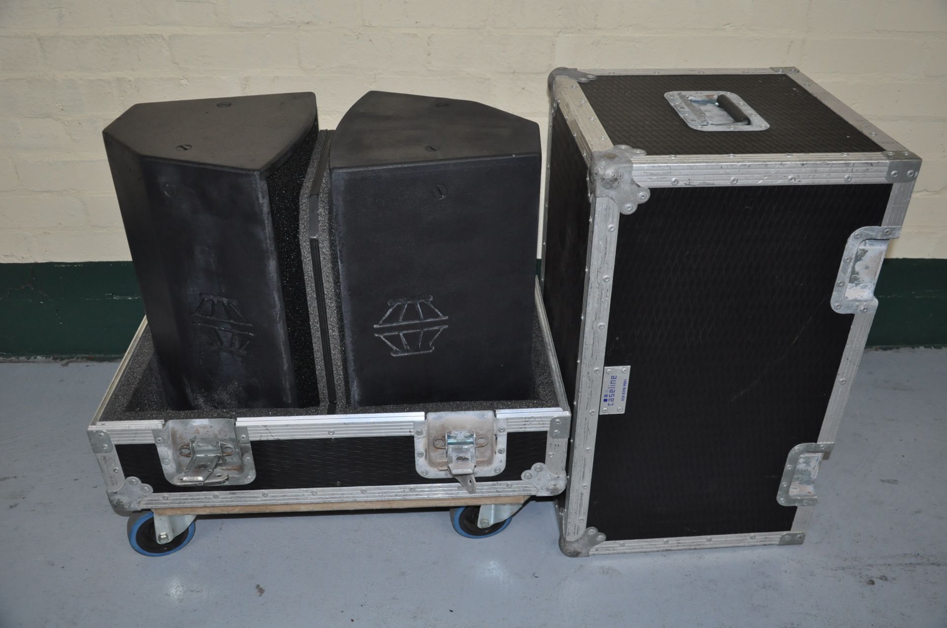 Caseline flight case on wheels - 55cm x 88cm x 54cm containing a pair of EM Acoustics EMS-81 500w