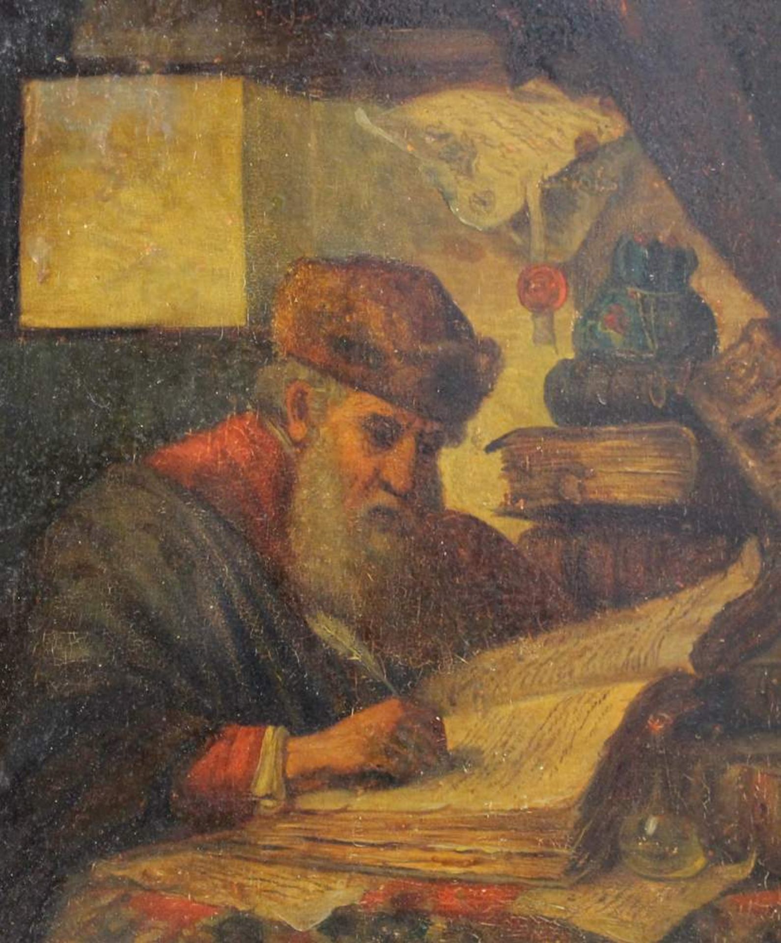 Dutch school 17th/18th Century, Portrait of a scholar in his studio writing in a book, oil on oak - Bild 3 aus 3