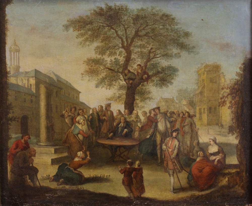 Nicolas Lancret (1690–1743)-follower, Village with people standing around a tree and an official - Image 2 of 3