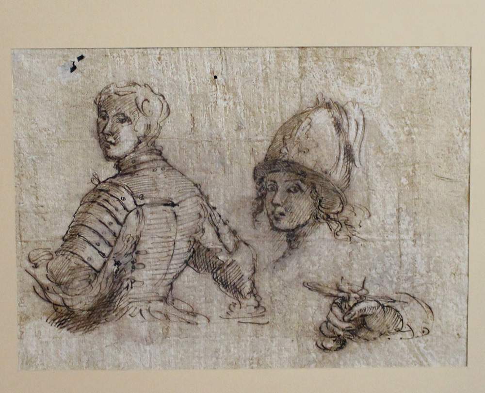 Agostino Caracci (1557-1602)-follower, Study of a man and a girl in armour and a hand holding a - Image 2 of 3