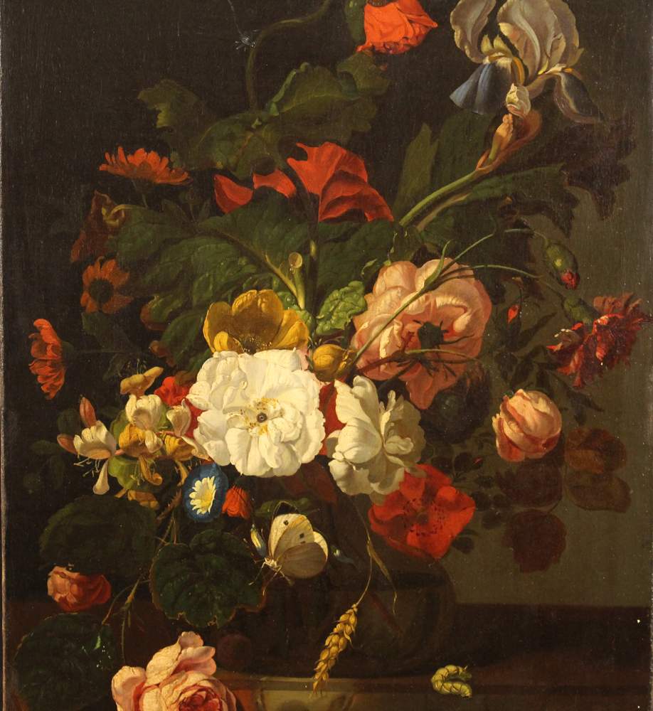 Rachel Ruysch (1664-1750)-circle, Still live with flowers in a glass vase on a marble plinth with - Image 2 of 3