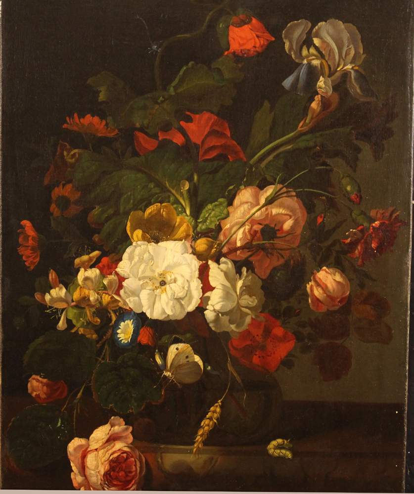 Rachel Ruysch (1664-1750)-circle, Still live with flowers in a glass vase on a marble plinth with