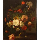 Rachel Ruysch (1664-1750)-circle, Still live with flowers in a glass vase on a marble plinth with