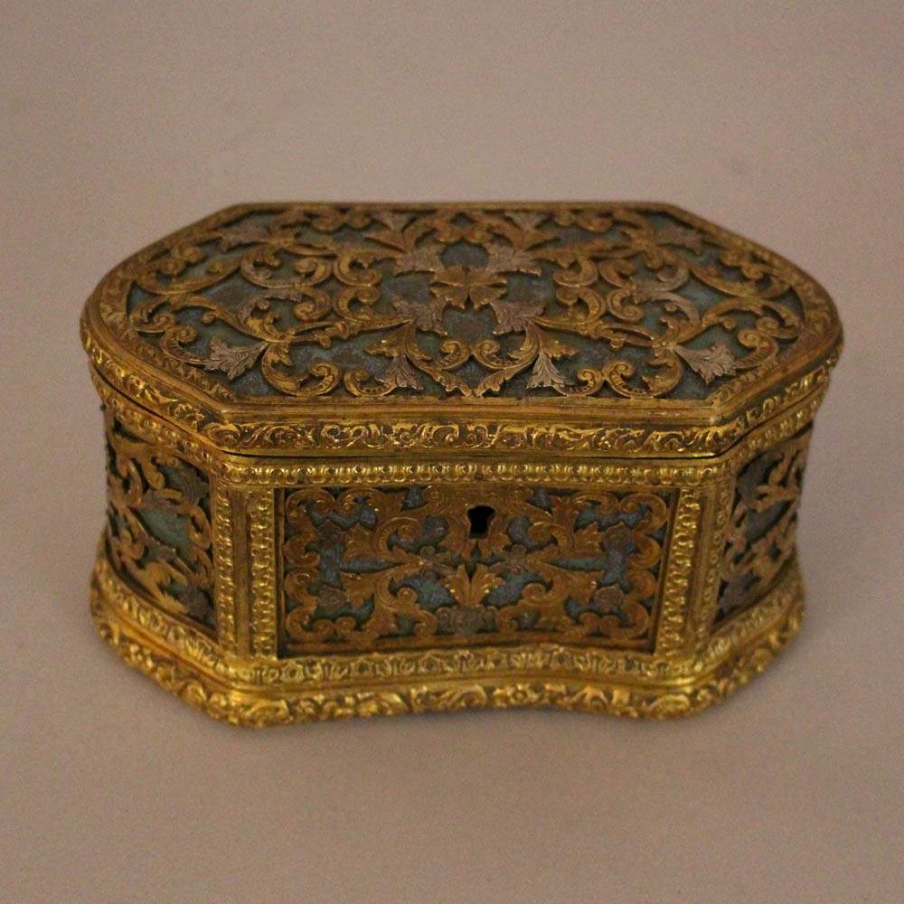 Baroque casket with shaped sides and richly floral decorated open work, wide lower and upper border,