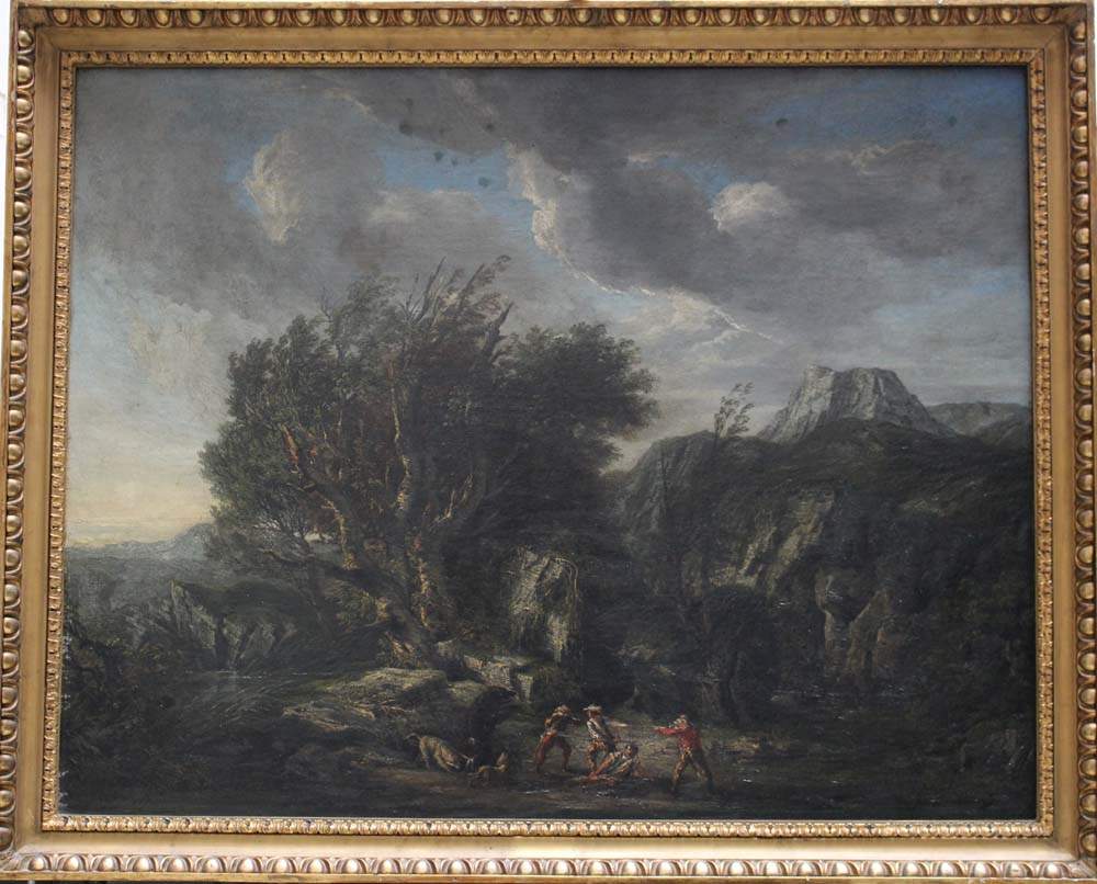 Gaspare Diziani (1689-1767)-attributed, Hunter with dogs fighting a black bear in landscape; oil