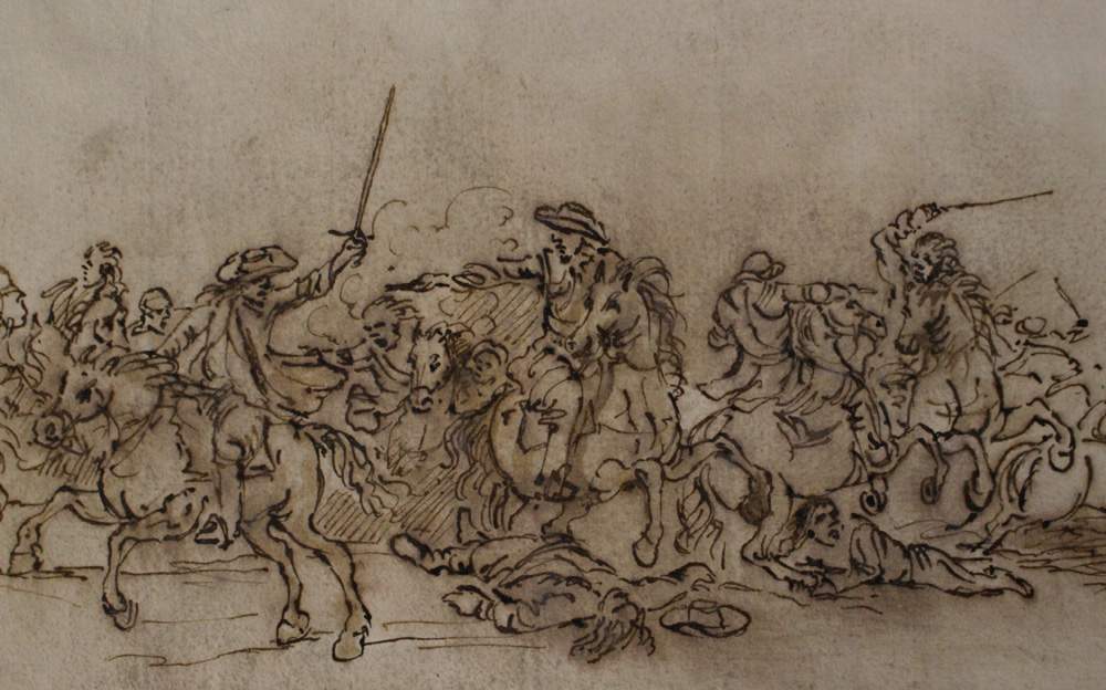 Francesco Simonini (1686-1755)-attributed, Cavalry battle, black ink on grey paper, in passepartout. - Image 3 of 3
