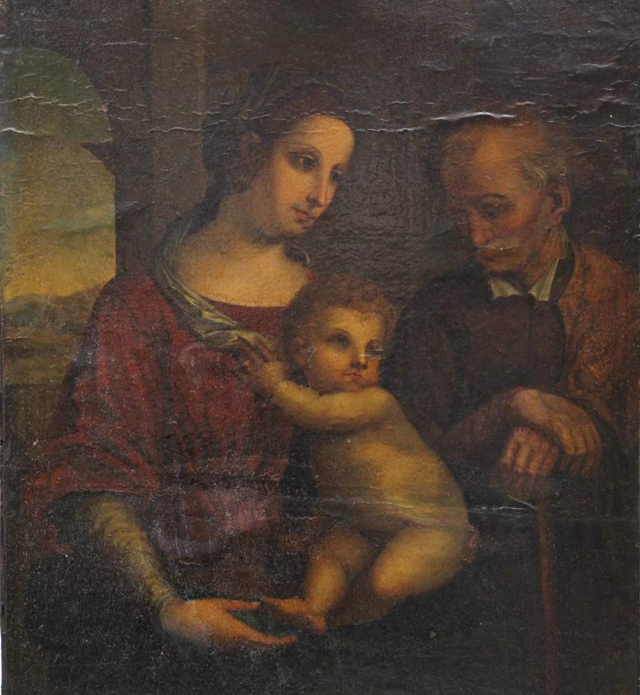 Luca Cambiaso (1527–1585)-manner of, The Holy Family, oil on textile or paper on wooden board. On - Image 2 of 3