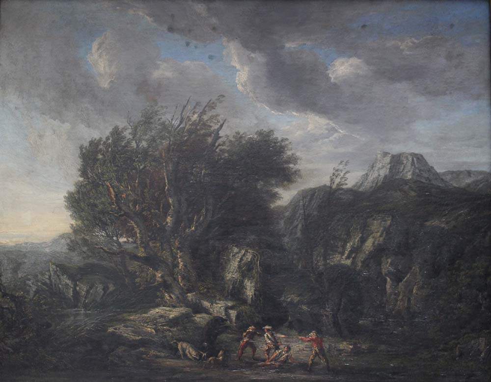 Gaspare Diziani (1689-1767)-attributed, Hunter with dogs fighting a black bear in landscape; oil - Image 2 of 3