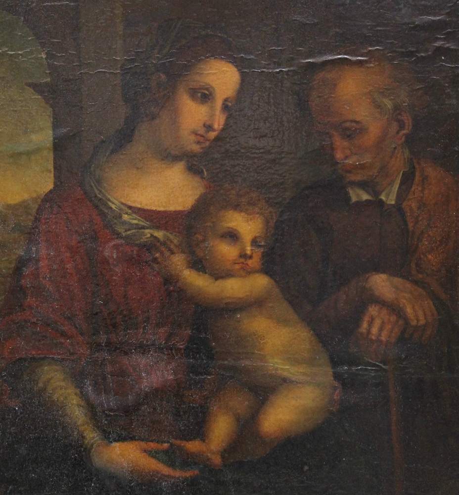 Luca Cambiaso (1527–1585)-manner of, The Holy Family, oil on textile or paper on wooden board. On - Image 3 of 3