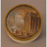 French powder box, round form with lid, turned ivory, on top watercolour with scene of peasants by a