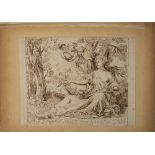 French School early 18th Century, Flora in landscape with Amor, black ink on white paper.  240x280mm