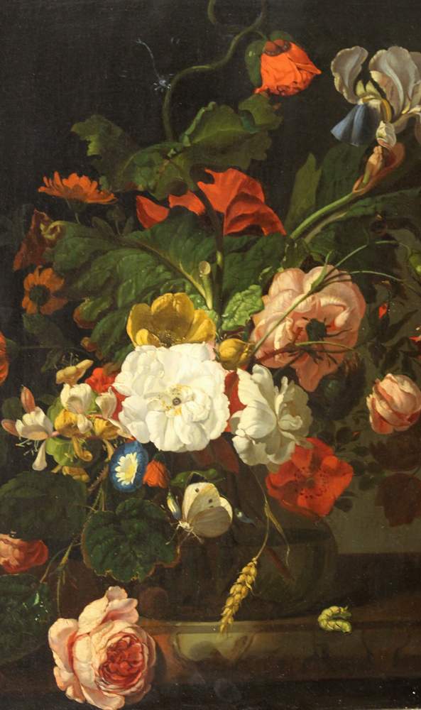 Rachel Ruysch (1664-1750)-circle, Still live with flowers in a glass vase on a marble plinth with - Image 3 of 3