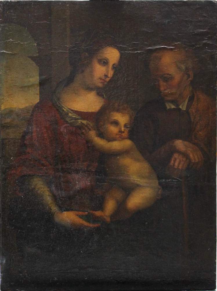 Luca Cambiaso (1527–1585)-manner of, The Holy Family, oil on textile or paper on wooden board. On