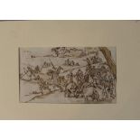 Pietro della Vecchia (1602-1678)-manner of, Wild boar hunt in landscape, black ink and brown wash on