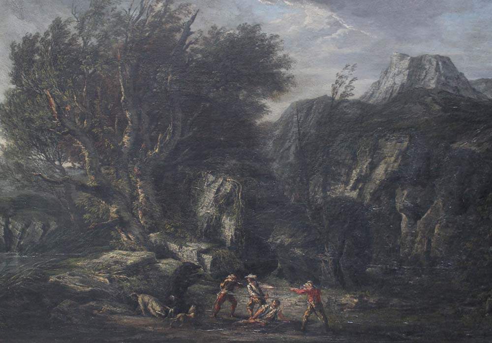 Gaspare Diziani (1689-1767)-attributed, Hunter with dogs fighting a black bear in landscape; oil - Image 3 of 3