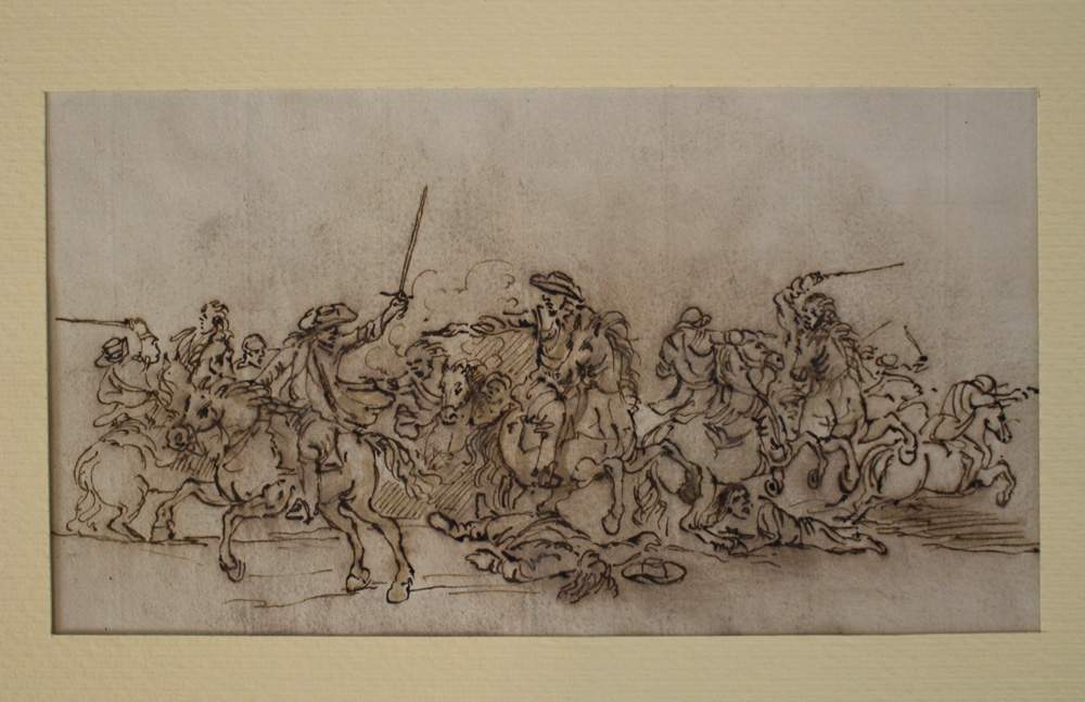 Francesco Simonini (1686-1755)-attributed, Cavalry battle, black ink on grey paper, in passepartout.