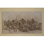 Francesco Simonini (1686-1755)-attributed, Cavalry battle, black ink on grey paper, in passepartout.