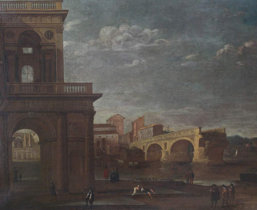 Herman van Swanevelt (1603-1655)-attributed, The Ponte Rotto with the Tiber, some travellers walking - Image 2 of 3