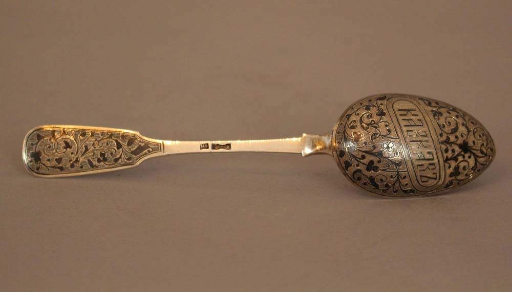 Russian silver spoon in Niello technique and Russian descriptions, Russian hall marks; Tula 19th - Image 2 of 3