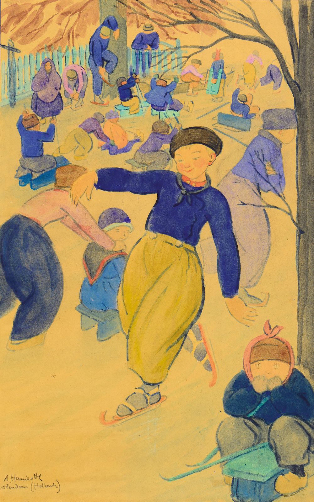 Augustin Hanicotte (1870 – 1957) Enfants patinant à Volendam Aquarelle sur papier 62 x 39 cm Signé