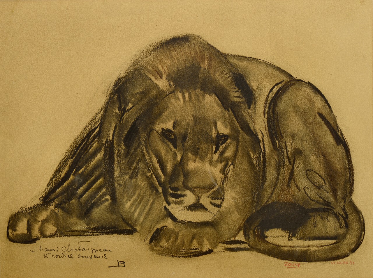 PAUL JOUVE (1878-1973) «Lion» Dessin au crayon noir et estompe sur papier bistre. Signé «Jouve Le